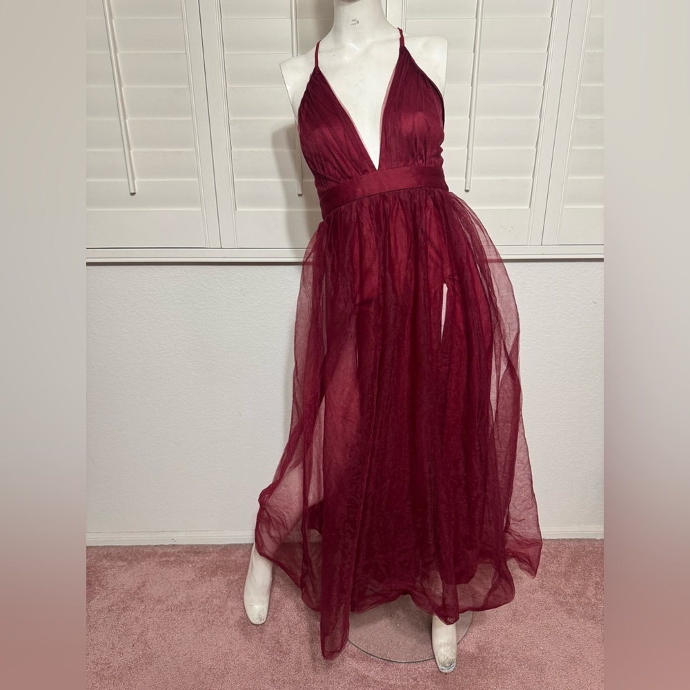 New Small long red burgundy tulle v neck dress gown boho evening photo